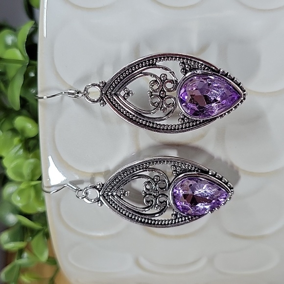Amethyst Crystal Scrolled Drop Earrings, S925 - Picture 3 of 5